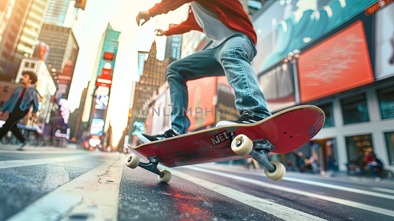 A person skillfully rides a skateboard on a city street, showcasing their balance and agility while navigating through urban surroundings. Generative AI by AnatoliiFoto