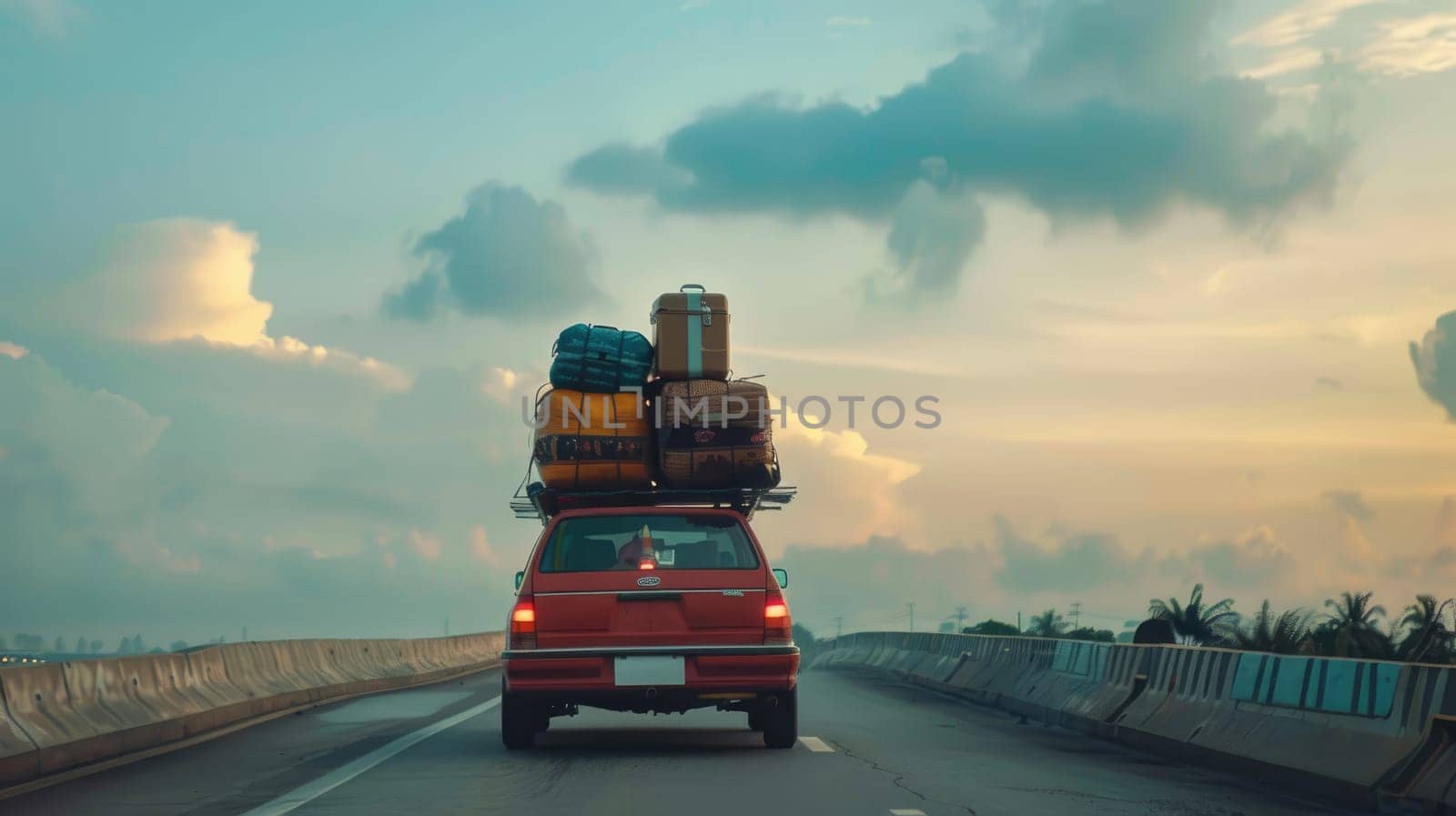 A car with luggage strapped on top with rural road landscape.