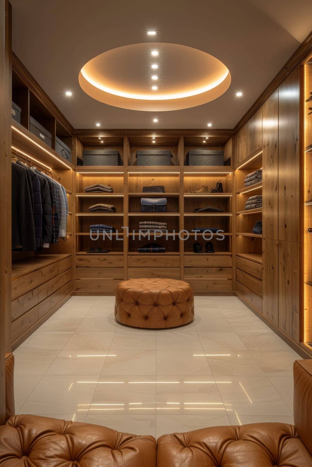 A large, well-lit walk-in closet with a tan ottoman and a tan chair.