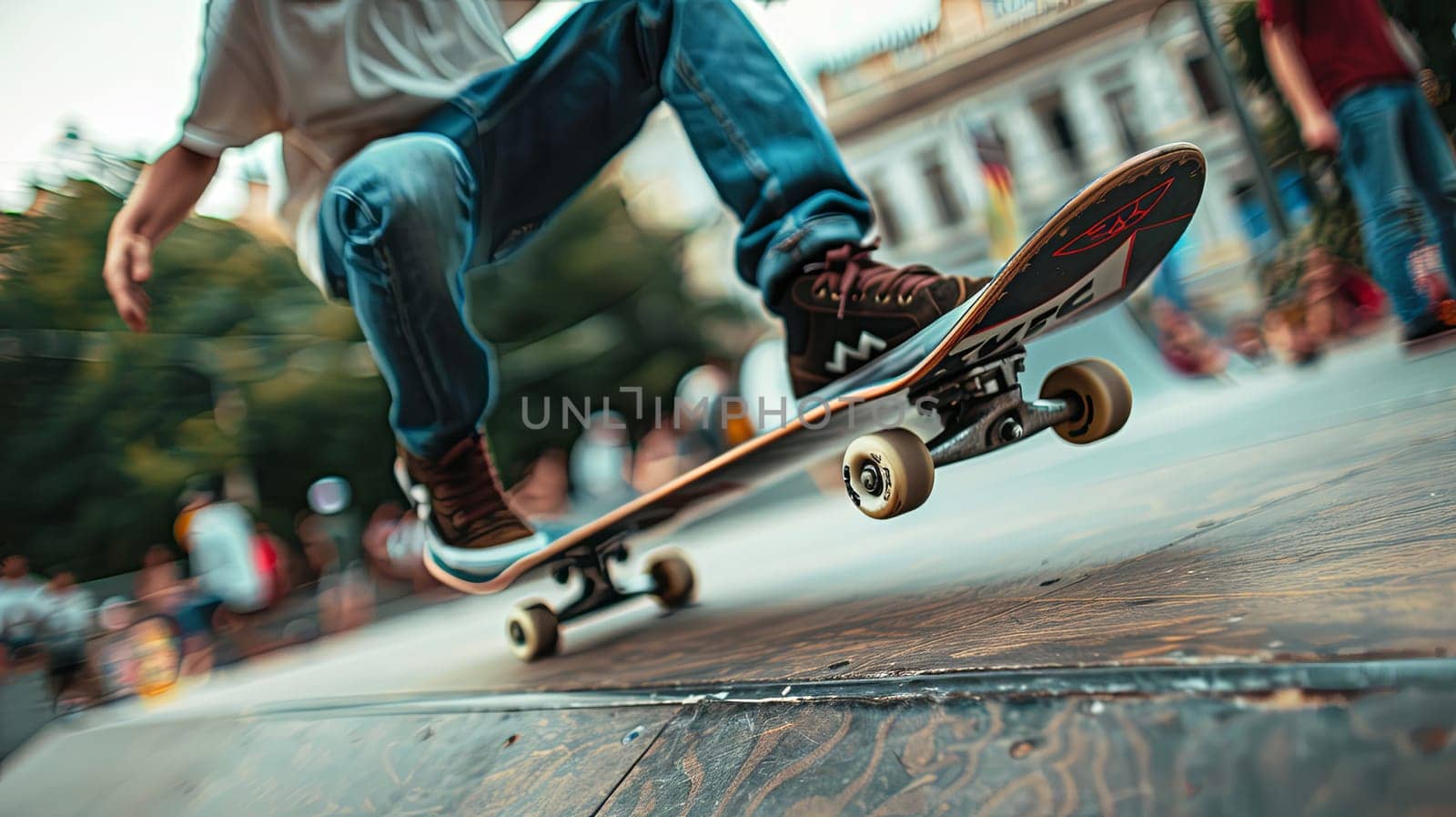 A man confidently rides a skateboard down the side of a ramp, showcasing his skill and balance as he executes the maneuver.