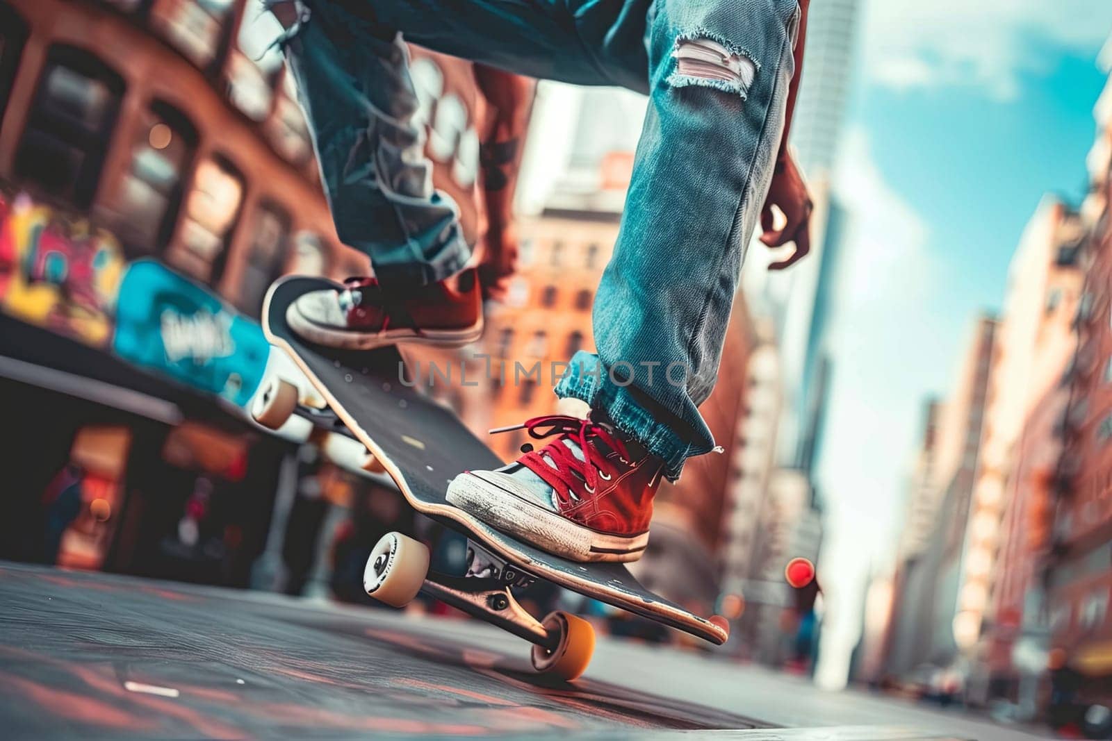 A person skillfully riding a skateboard on a bustling urban street, showcasing agility and balance.