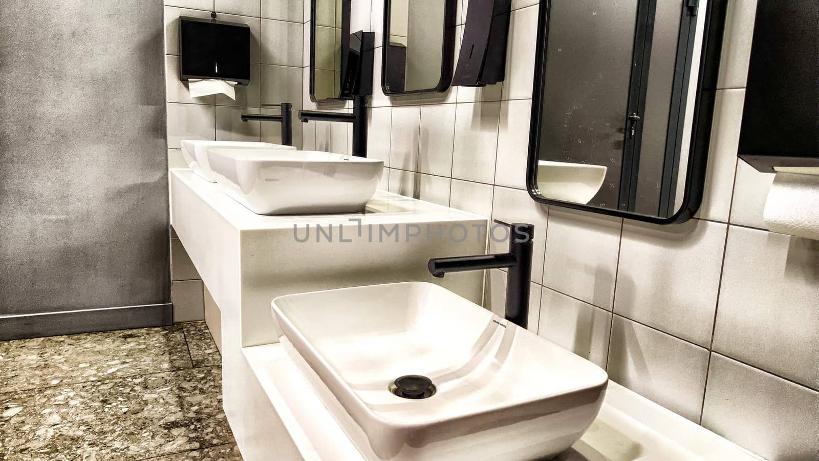 Modern bathroom interior with sink and mirror. Modern Bathroom Interior With Marble Sink and Wall Mirror by keleny