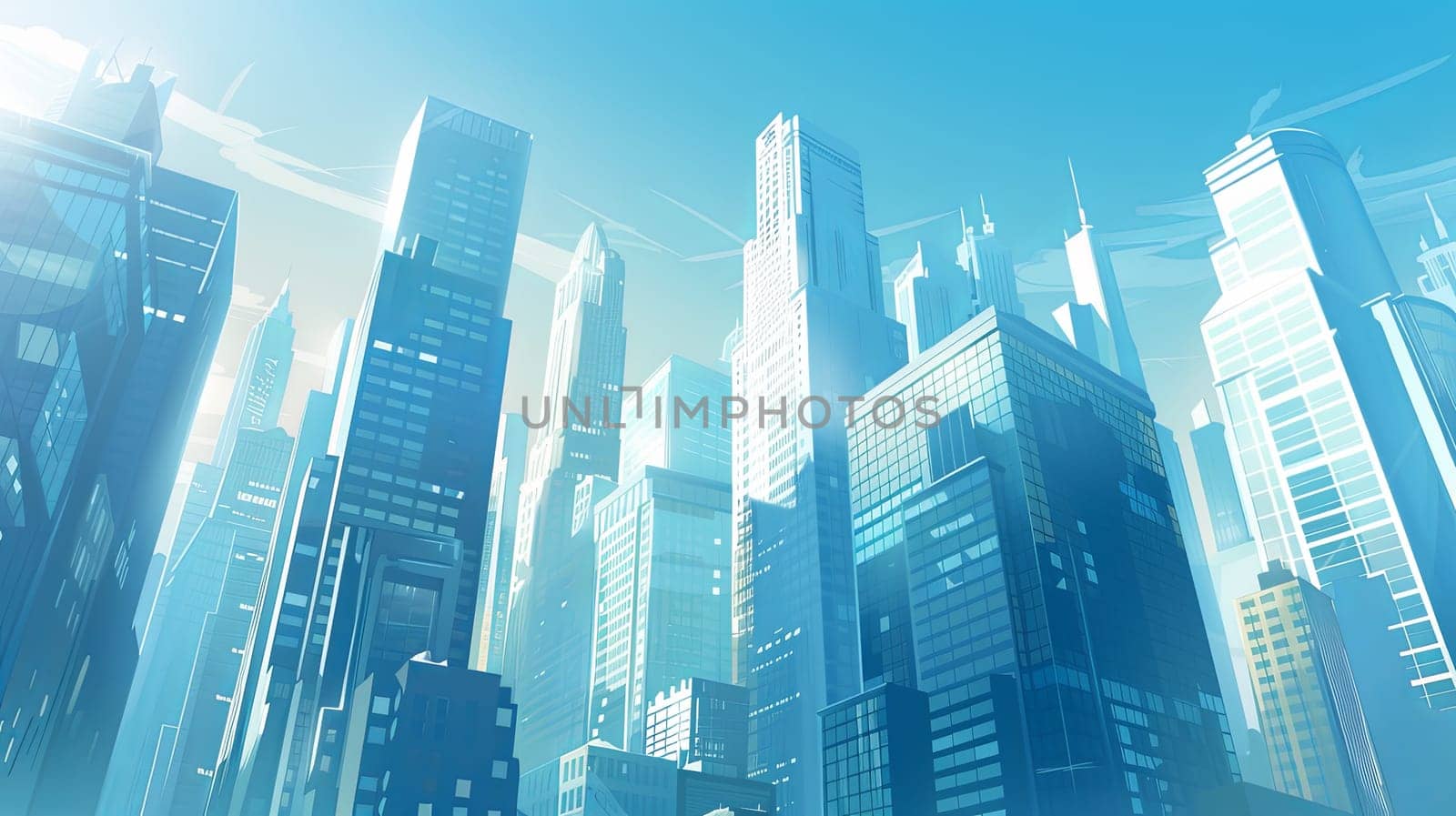 A view of a sprawling futuristic city with towering skyscrapers under a clear blue sky.