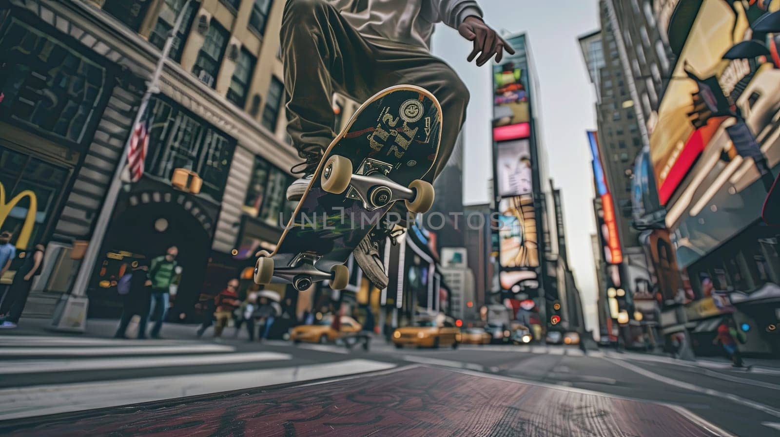 A skateboarder executes a trick in the middle of a city street, showcasing their skills and agility on the board. Generative AI by AnatoliiFoto
