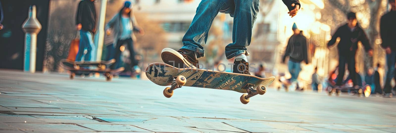 A person is mid-air, jumping a skateboard against a clear sky backdrop. Generative AI by AnatoliiFoto