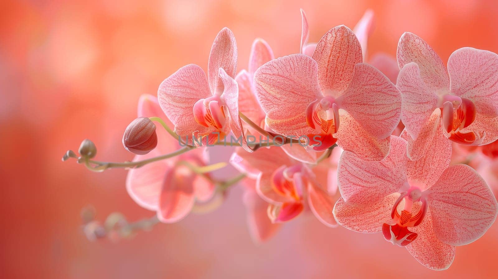 A pink flower with a white speckled center. The flower is on a branch and is surrounded by a pink background