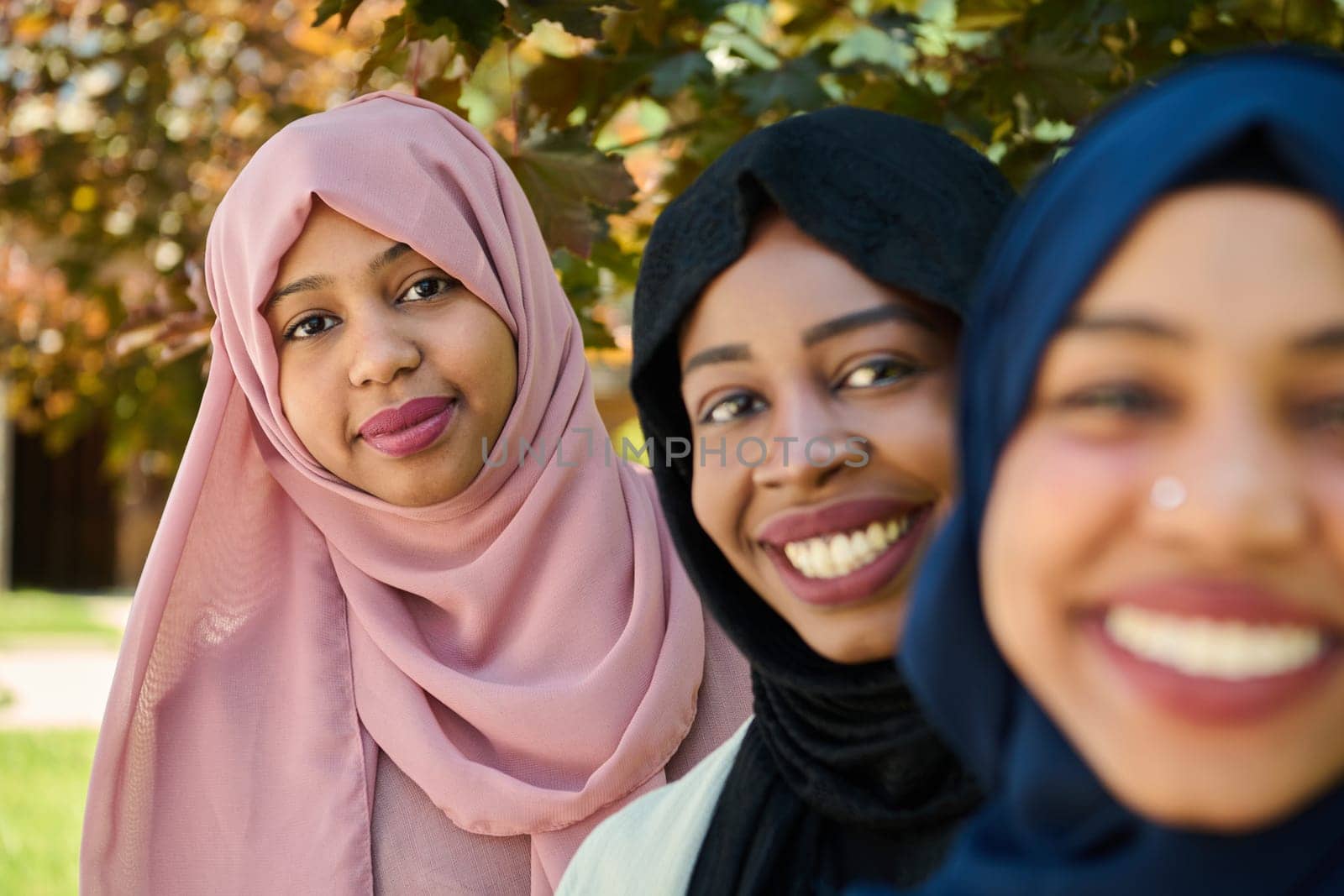 A symbolic portrayal of unity and sisterhood as a group of Middle Eastern Muslim women, wearing hijabs, come together for a collective photograph