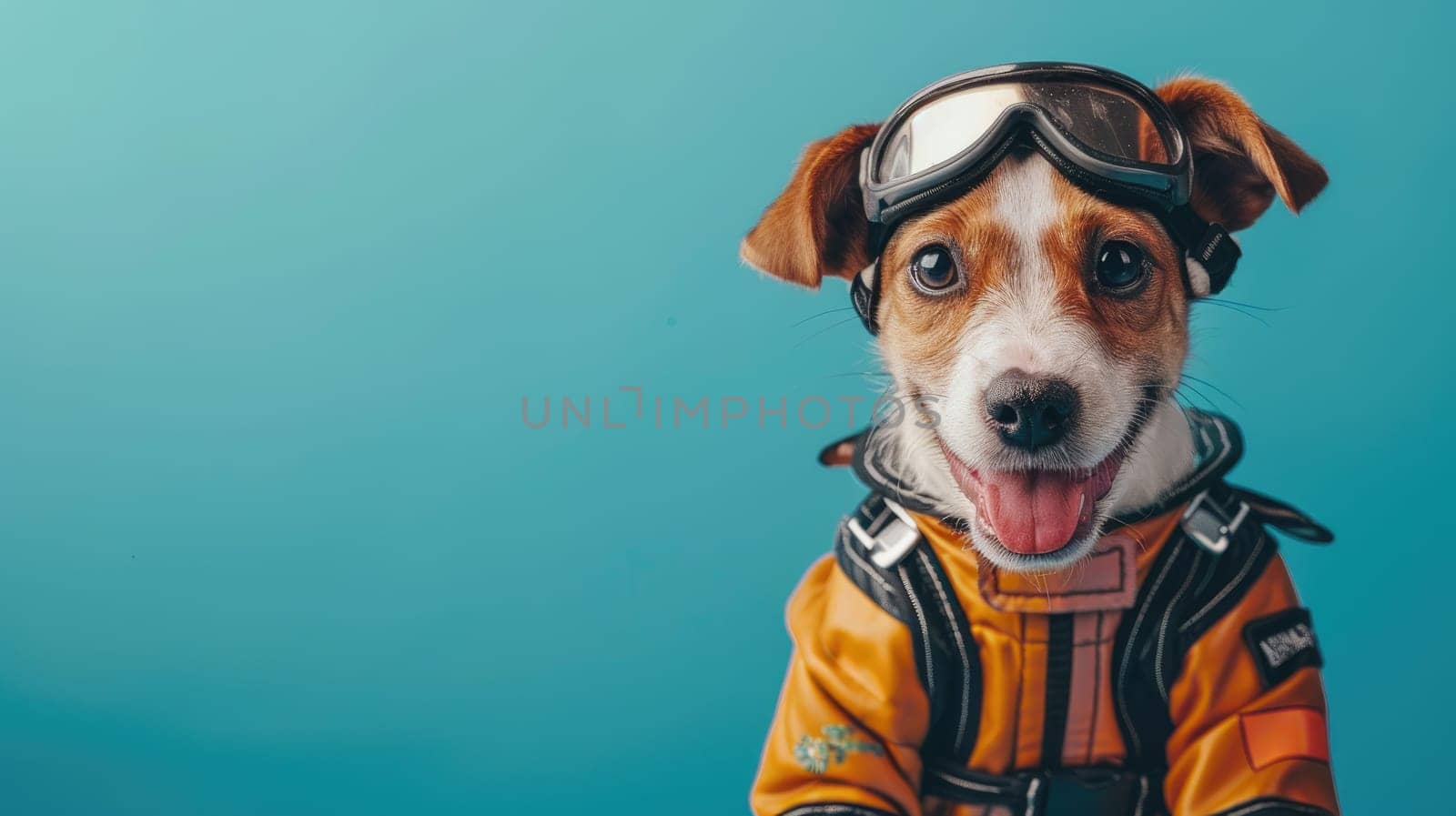 A smiling cute dog wearing a motor racer suit and sitting on the blue color background.