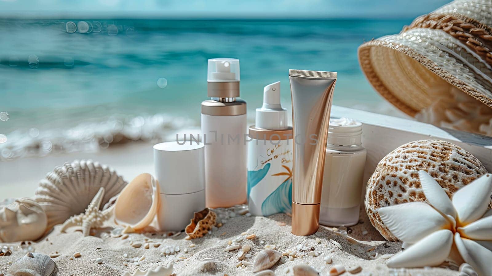 A bottle of lotion is placed on the sandy beach with the ocean in the background. Generative AI by AnatoliiFoto
