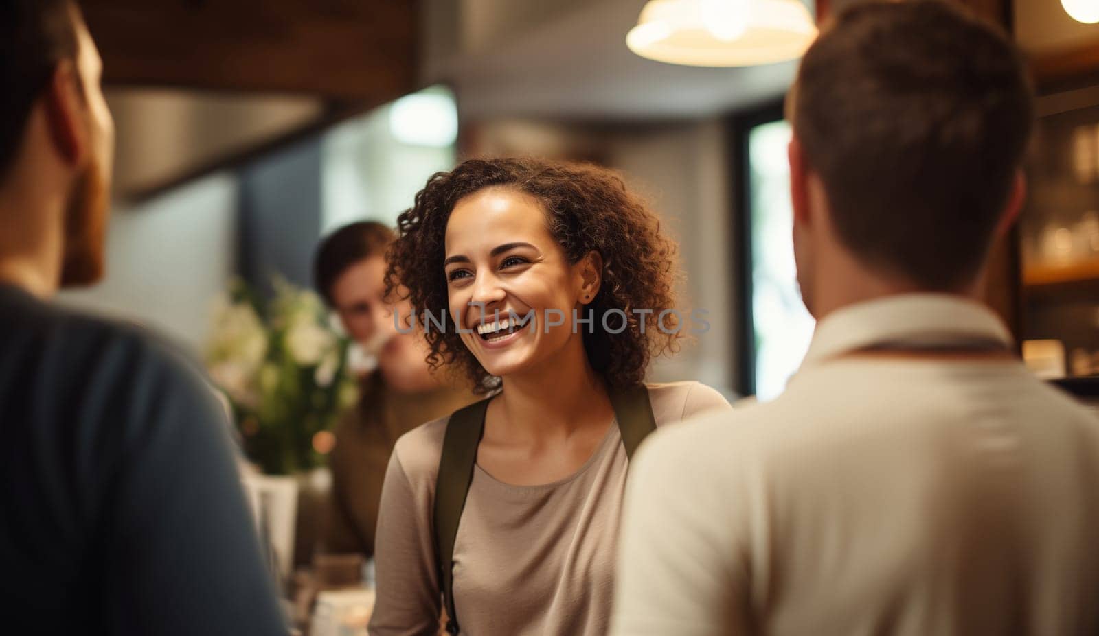 Portrait of happy smiling young woman client in coffee house or cafe, looking at camera