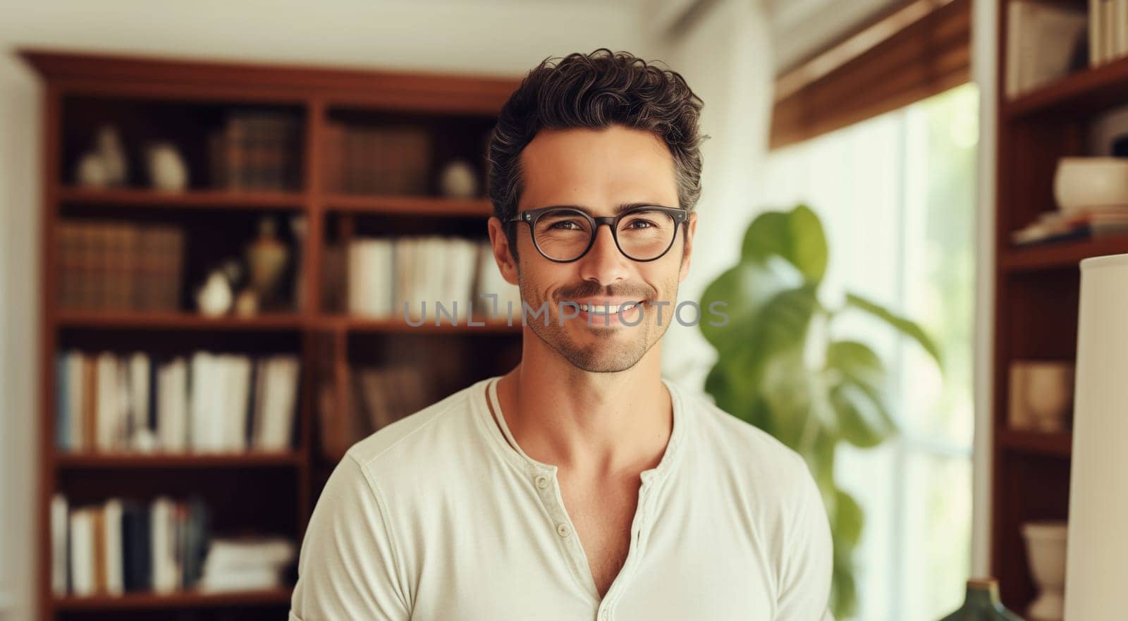 Portrait of handsome happy smiling bearded young man in glasses looking at camera standing in home interior