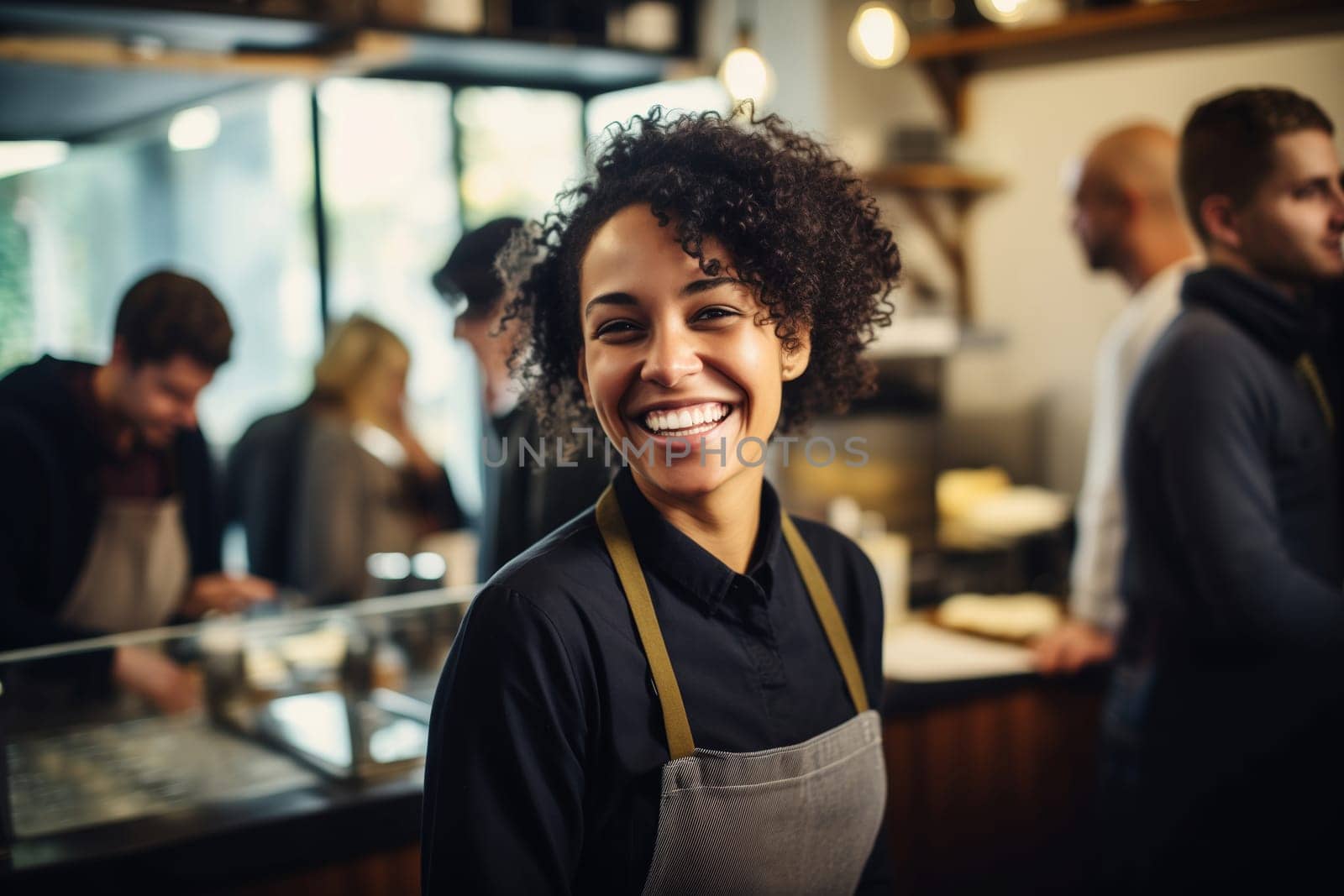 Happy smiling African woman barista, coffee house or cafe worker, young waiter in coffee shop by Rohappy
