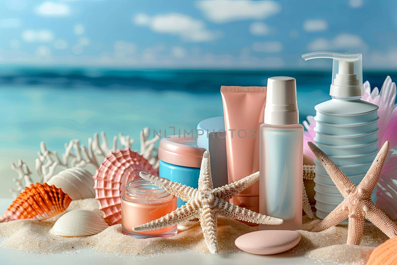 Various items scattered on a sandy beach with a seascape backdrop.