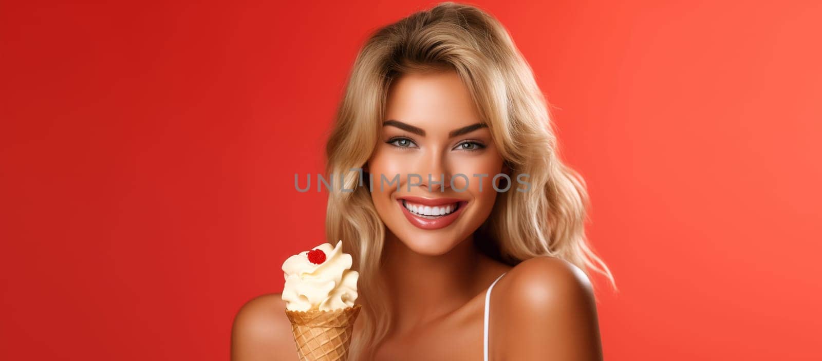 Summer portrait of happy cheerful smiling young woman eating ice cream cone on studio background by Rohappy