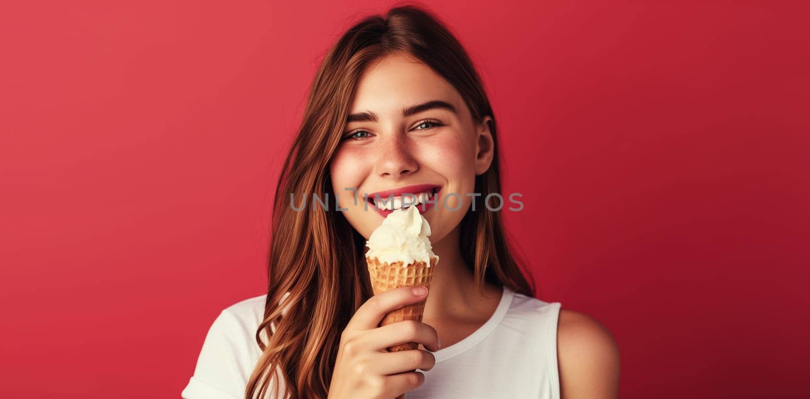 Summer portrait of happy cheerful smiling young woman eating ice cream cone on red studio background