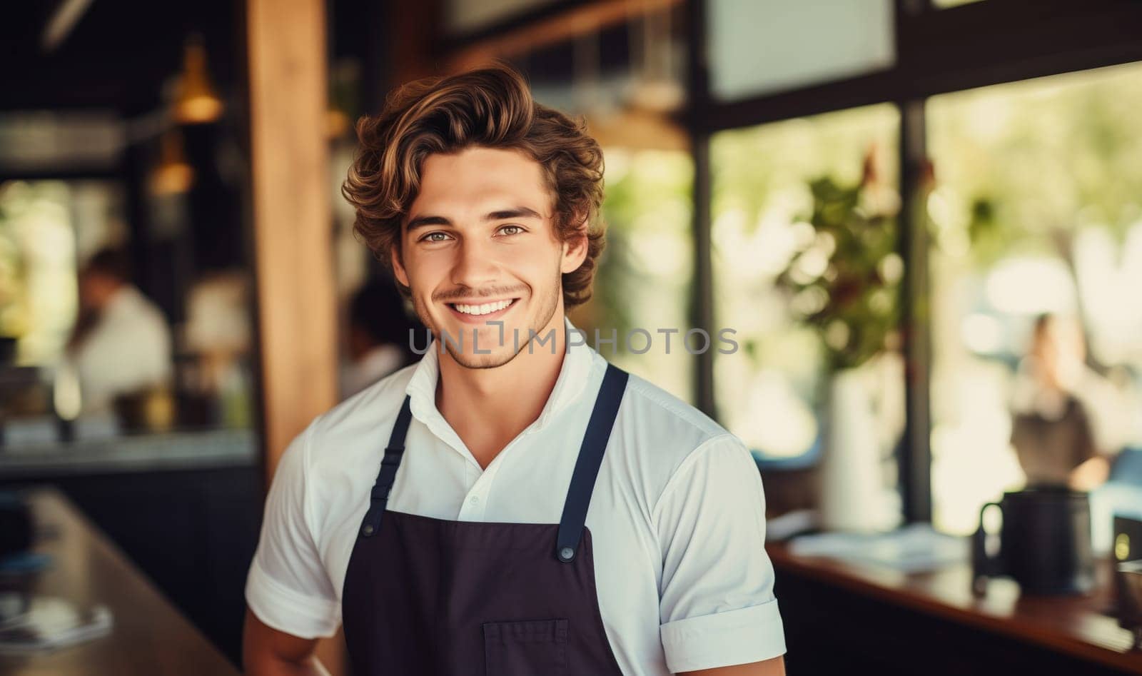 Portrait of happy smiling man barista, coffee house or cafe worker, young waiter working in coffee shop, looking at camera