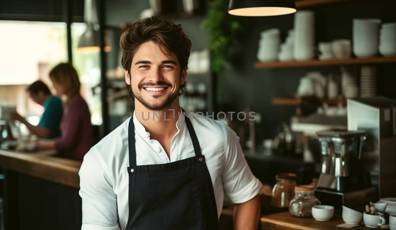 Portrait of happy smiling man barista, coffee house or cafe worker, young waiter working in coffee shop, looking at camera