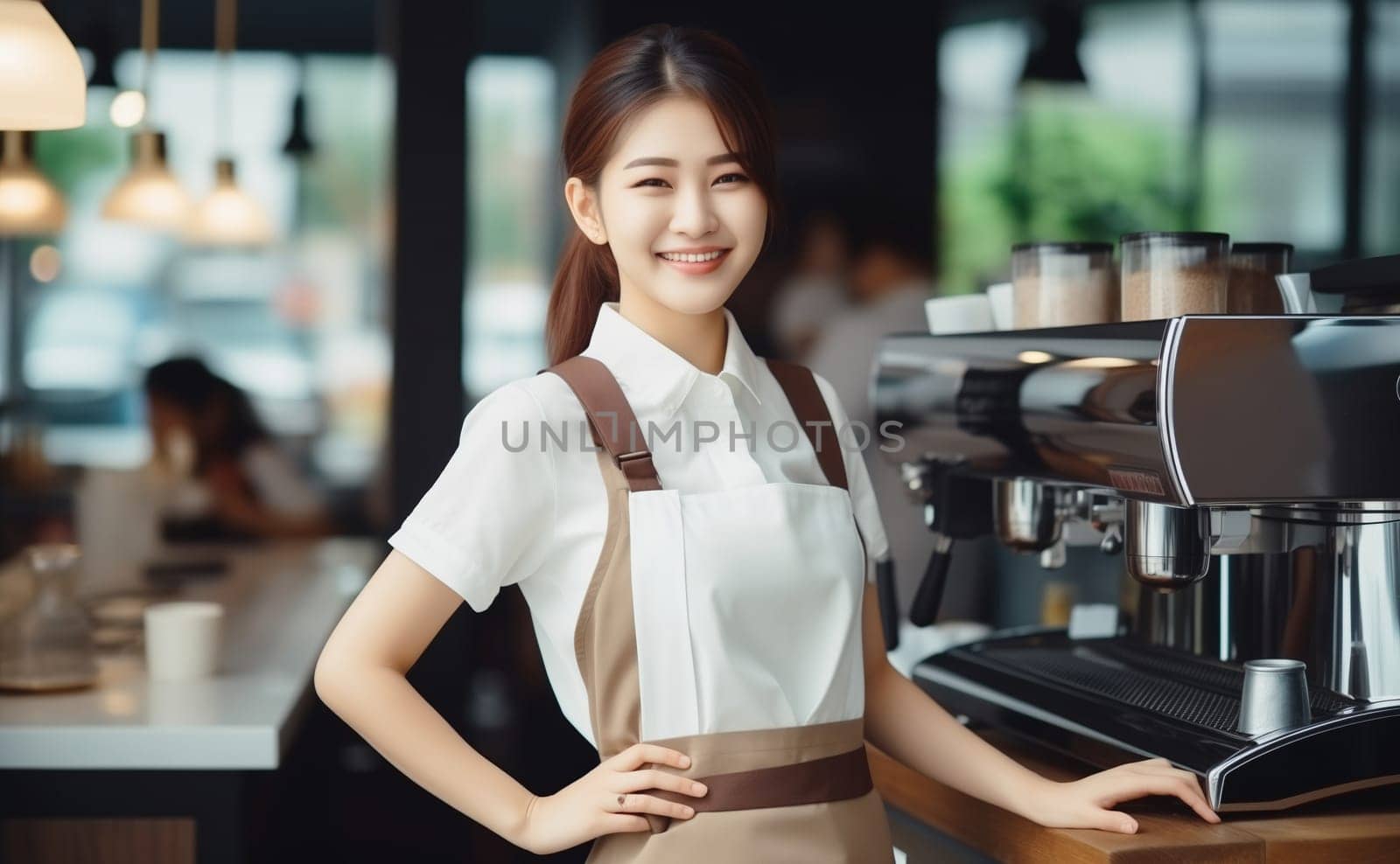 Portrait of happy smiling Asian woman barista, coffee house or cafe worker, young waiter working in coffee shop, looking at camera