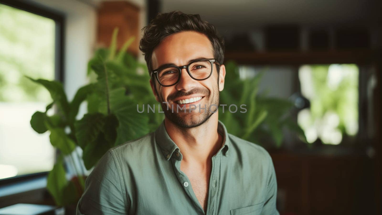 Portrait of happy smiling young man client in coffee house or cafe, looking at camera