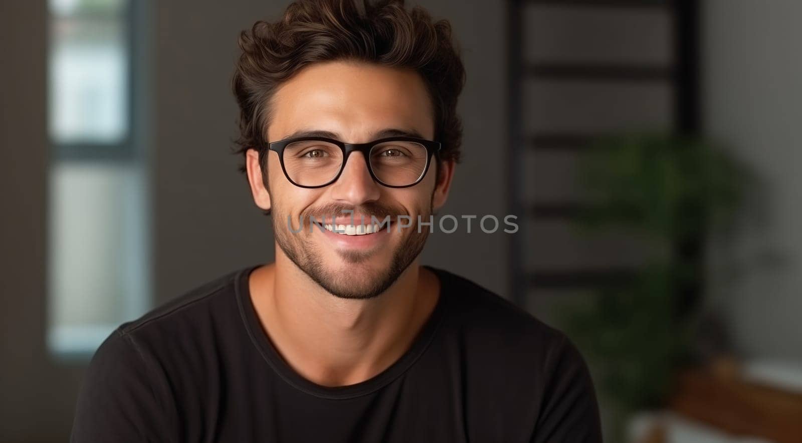 Portrait handsome happy smiling young man in glasses looking at camera standing in home interior by Rohappy