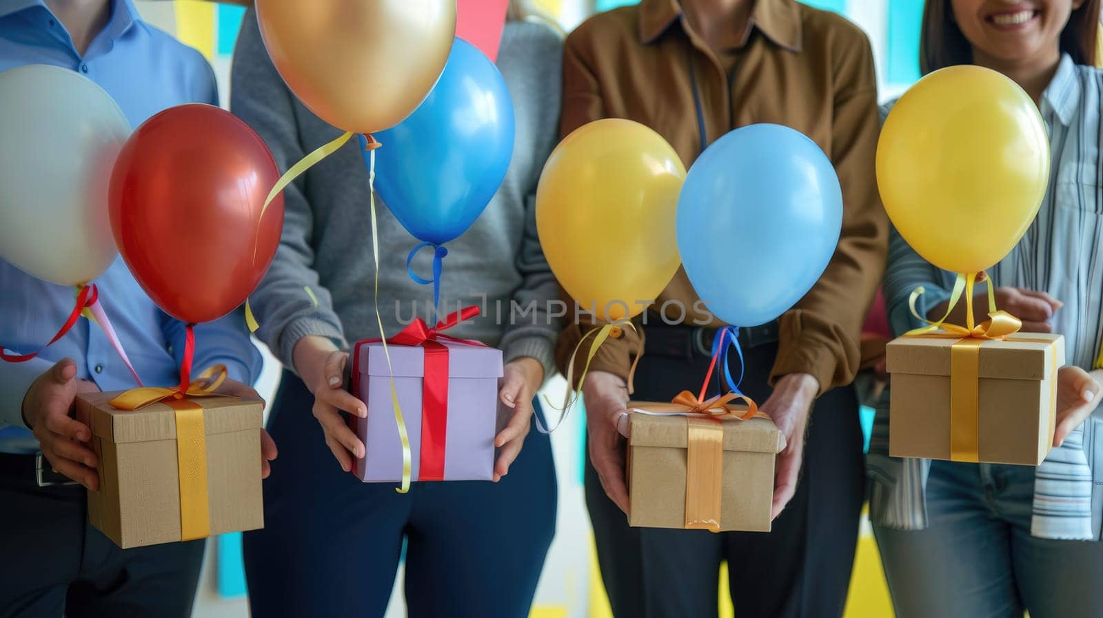 A group of people are holding balloons and presents, Festive and celebratory in office.