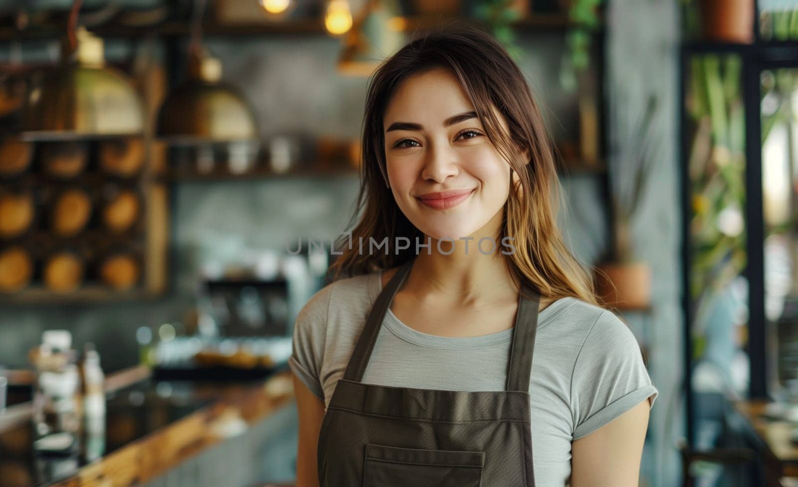 Portrait of happy smiling woman barista, coffee house or cafe worker, young waiter working in coffee shop, looking at camera