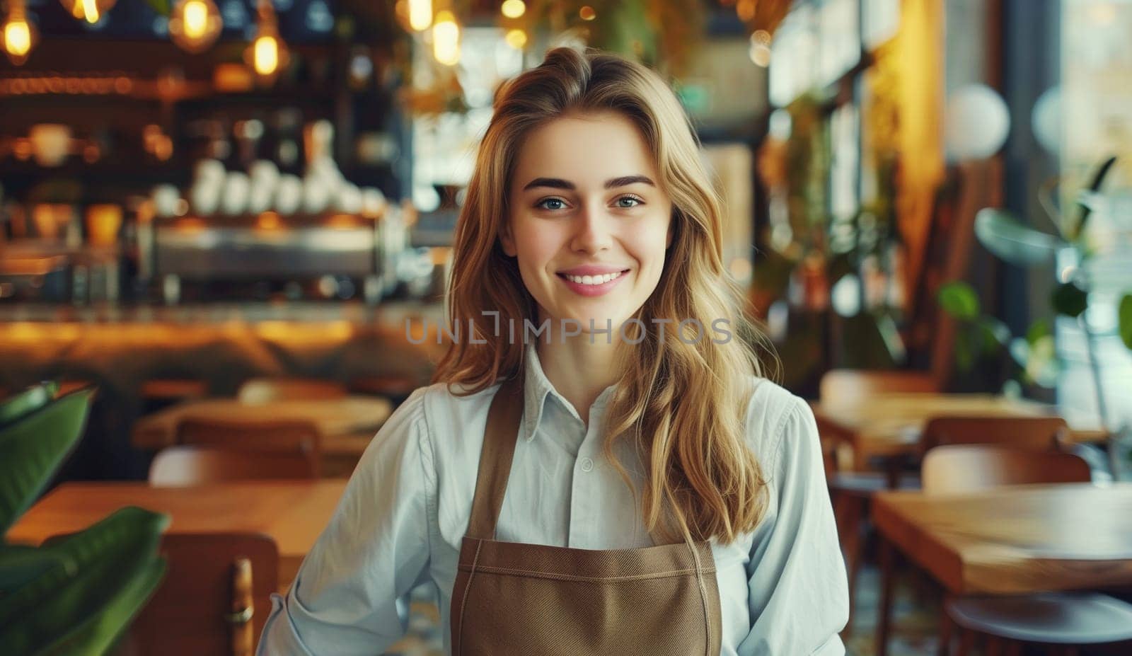 Portrait of happy smiling woman barista, coffee house or cafe worker, young waiter working in coffee shop, looking at camera
