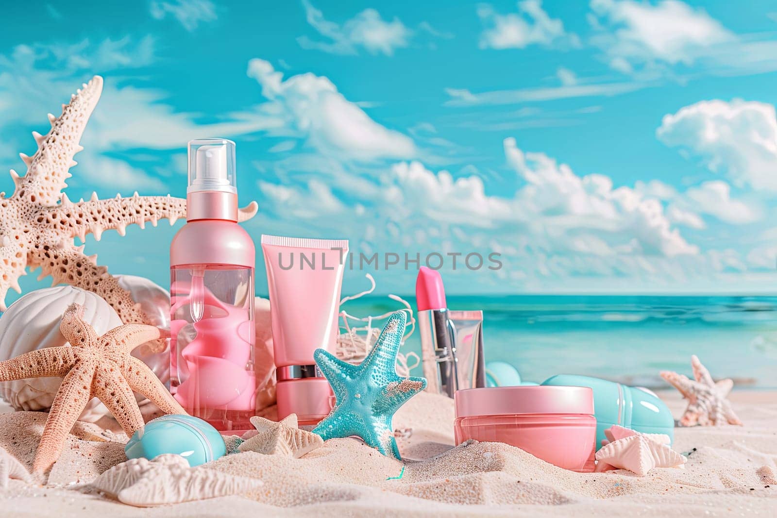 A beach scene featuring a starfish, cosmetics, and other summer items under the sun against a seascape backdrop.