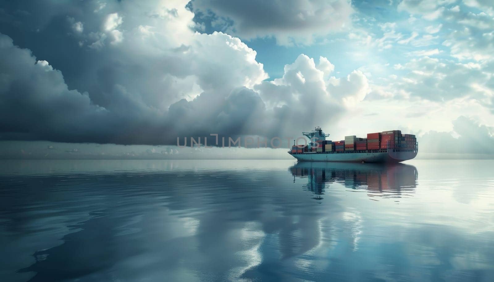 A large red ship is sailing through a foggy sea by AI generated image.