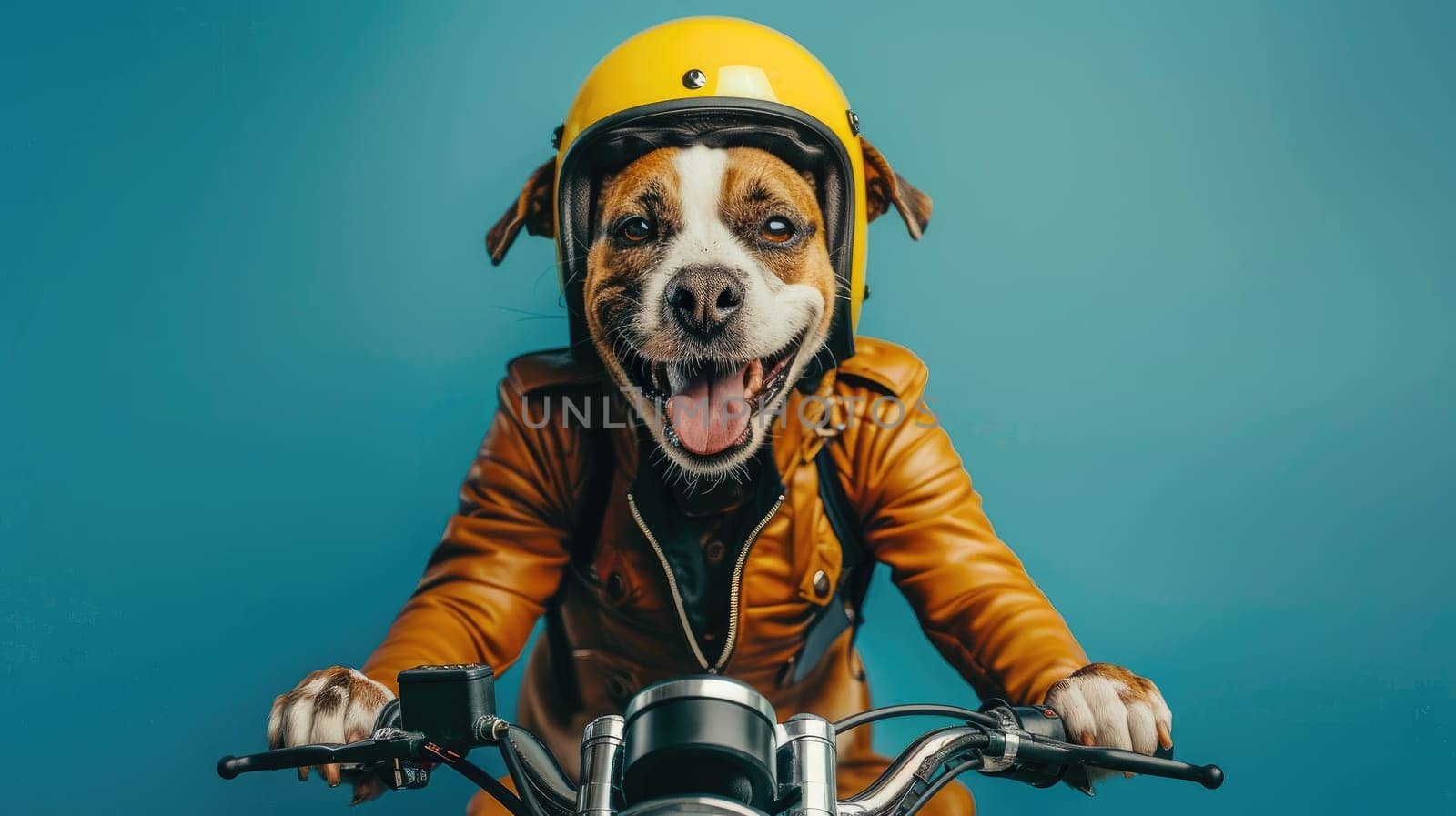 A smiling cute dog wearing a motor racer suit and sitting on the blue color background by nijieimu