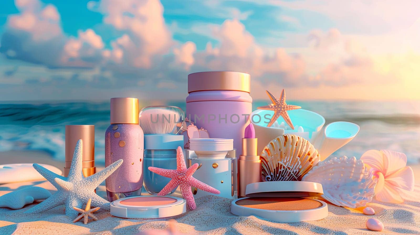 Various beach items such as towels, sandals, sunscreen bottles, and sunglasses scattered on the sandy beach by the ocean waves. Generative AI by AnatoliiFoto