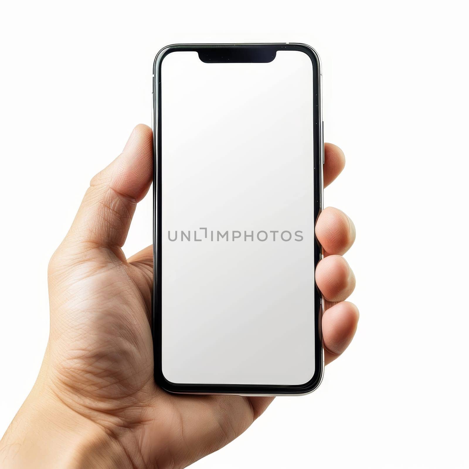 A hand holding a phone with a white screen by AI generated image.