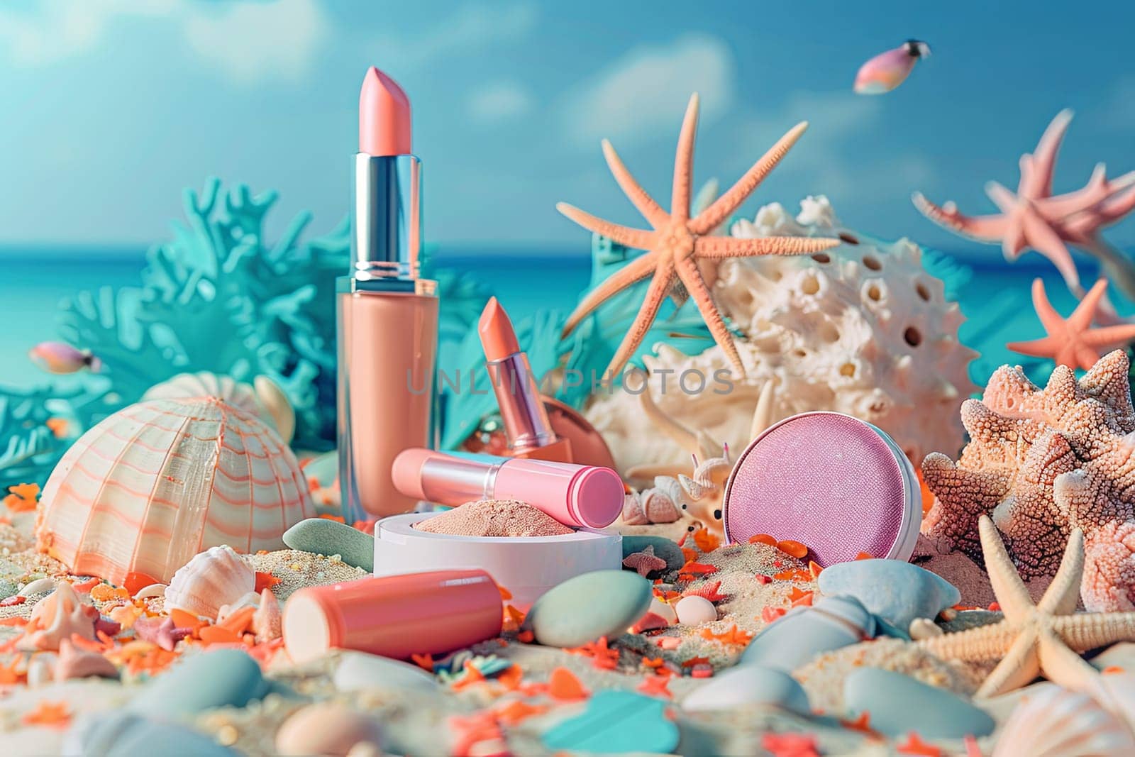 Close-up view of various cosmetics products arranged neatly on a sandy beach with the ocean in the background.