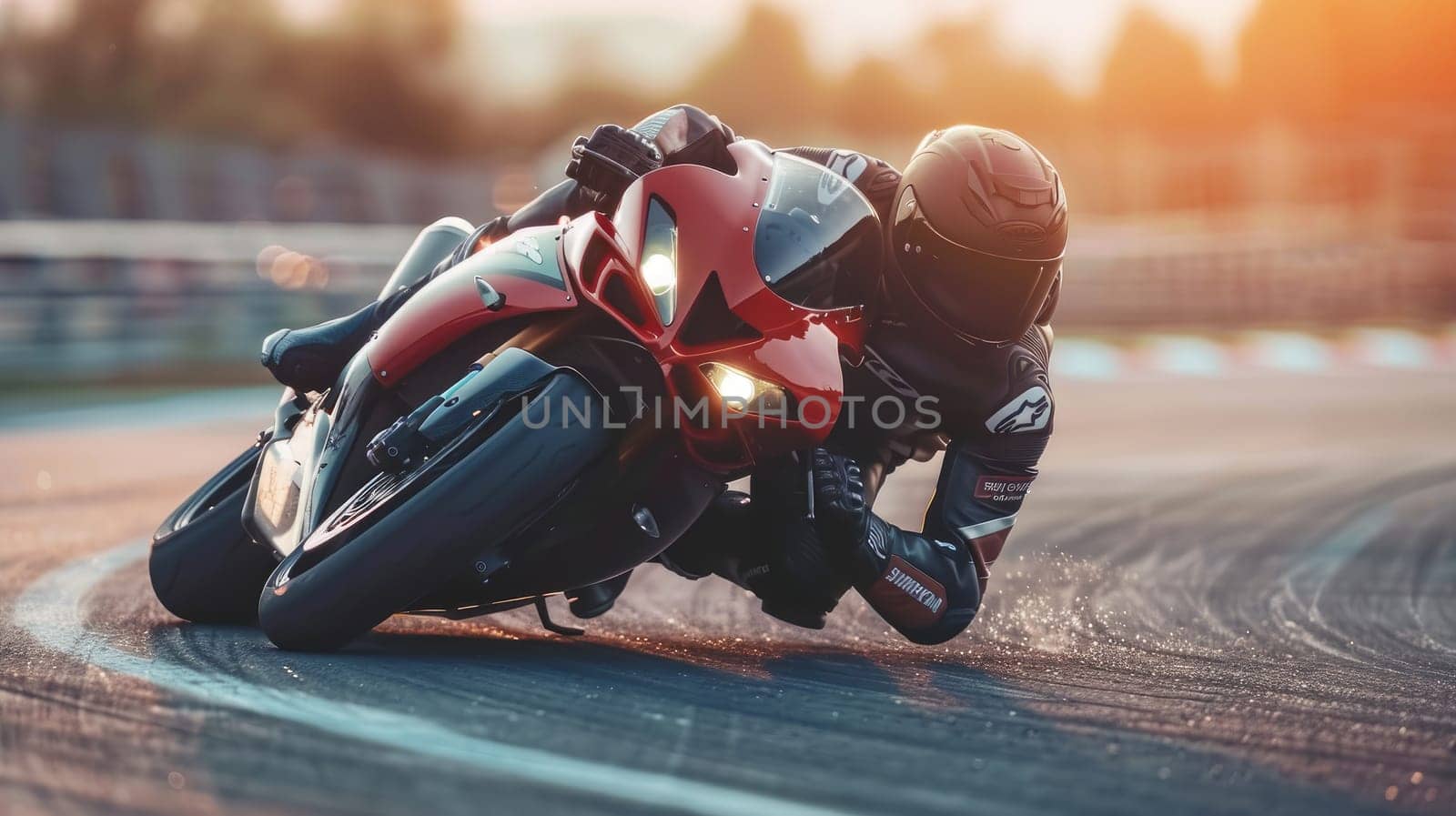 Motorcycle rider leaning into a curve, Man on a motorbike at high speed leaning in the curve, Racing sport by nijieimu