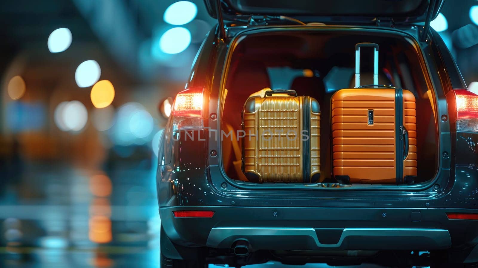 Family road trip, A suv car opens its trunk with luggage, Ready for road trip.