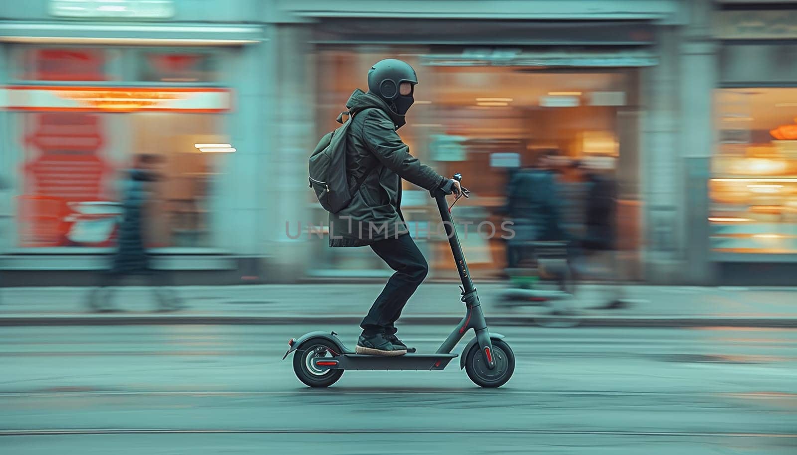 A person is riding a scooter down a city street by AI generated image by wichayada