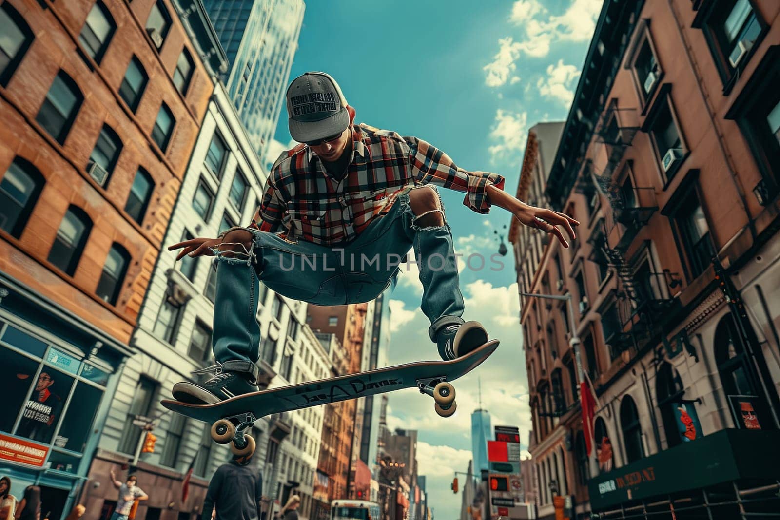 A man is soaring through the air while riding a skateboard, performing an impressive trick. Generative AI by AnatoliiFoto