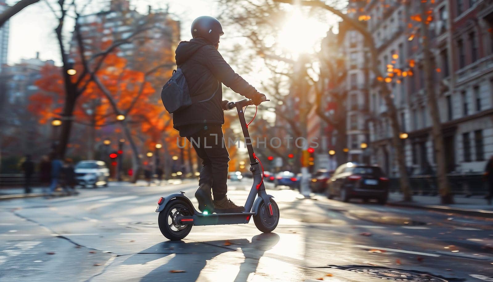 A person is riding a scooter down a city street by AI generated image.