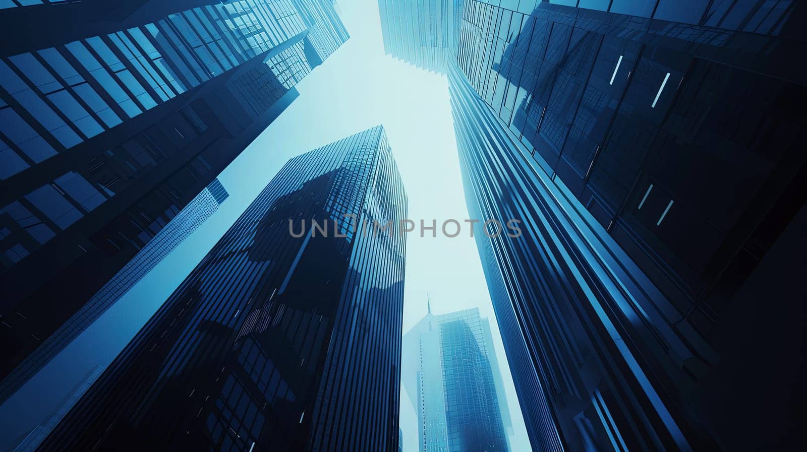 View from below of several tall buildings in a city skyline, emphasizing the height and modern architecture of skyscrapers. Generative AI by AnatoliiFoto