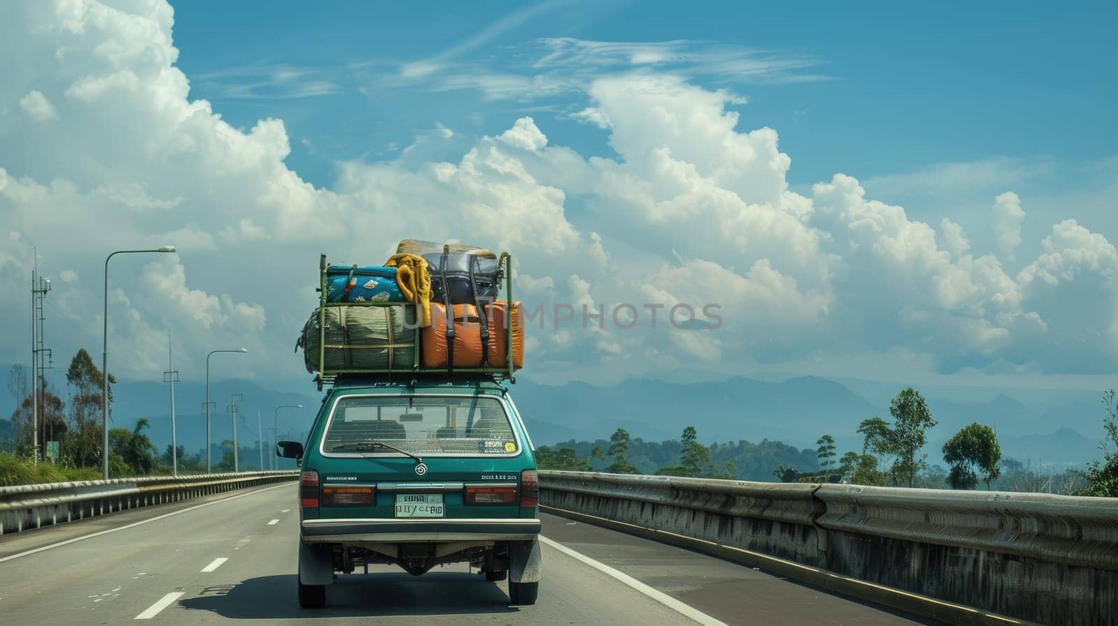 A car with luggage strapped on top with rural road landscape.