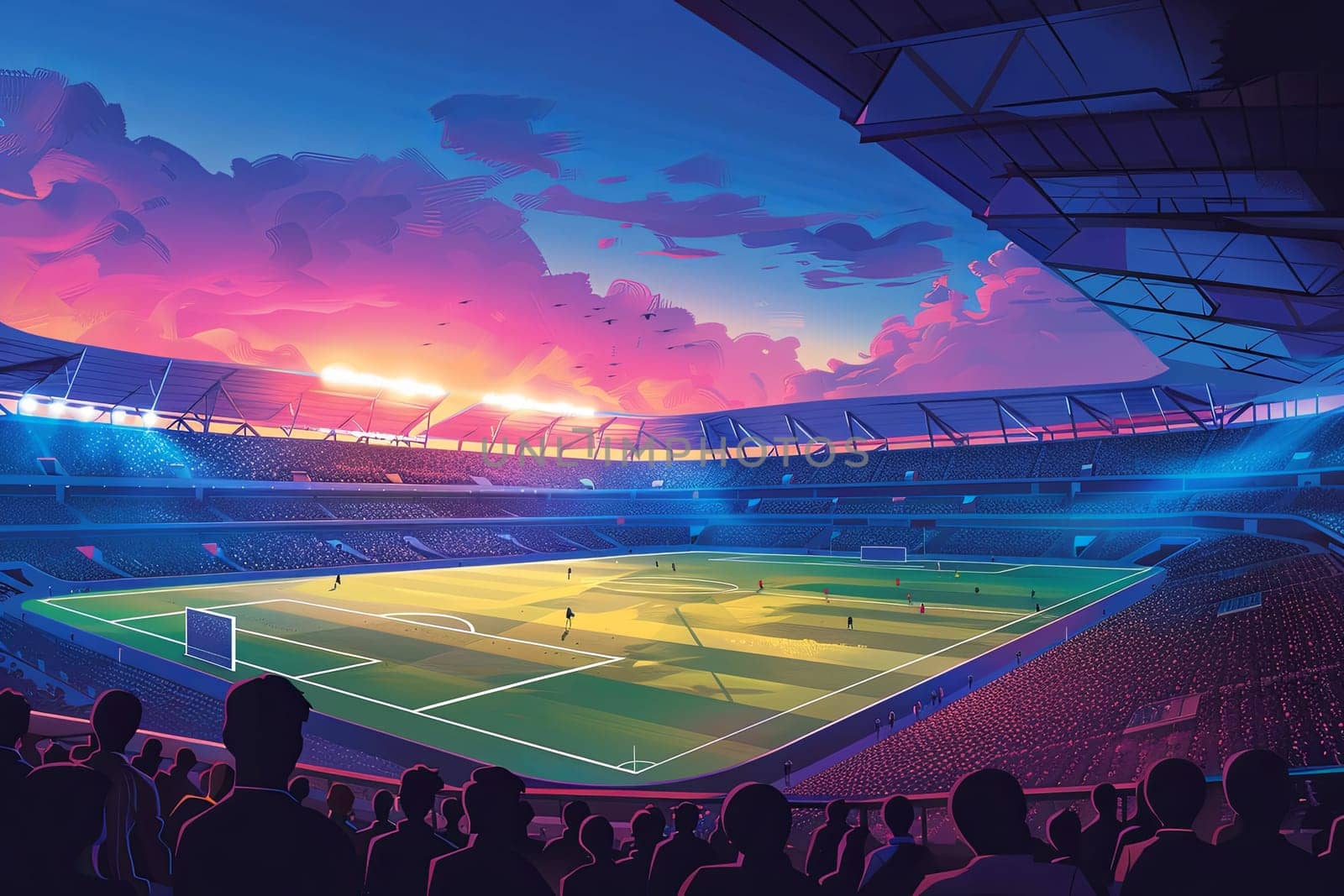 A lively soccer stadium filled with cheering fans at sunset, capturing the excitement of a football match.