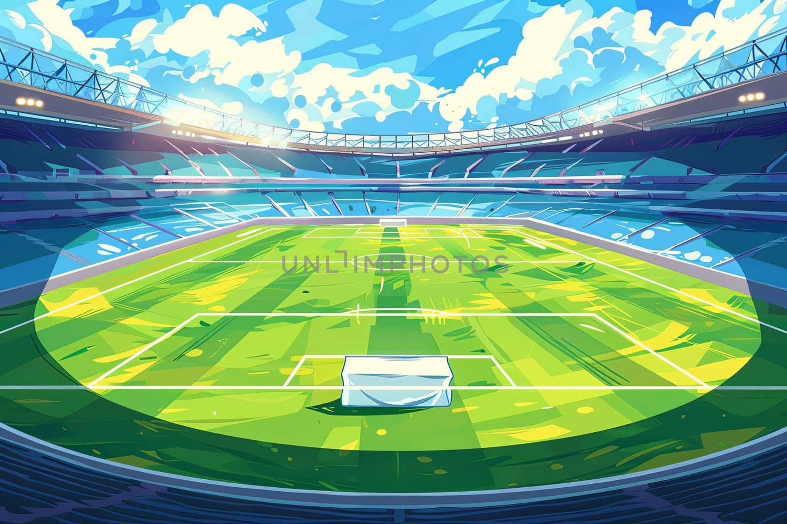 A realistic painting of a tennis court set inside a bustling stadium with a backdrop of cheering fans in the stands. Generative AI by AnatoliiFoto
