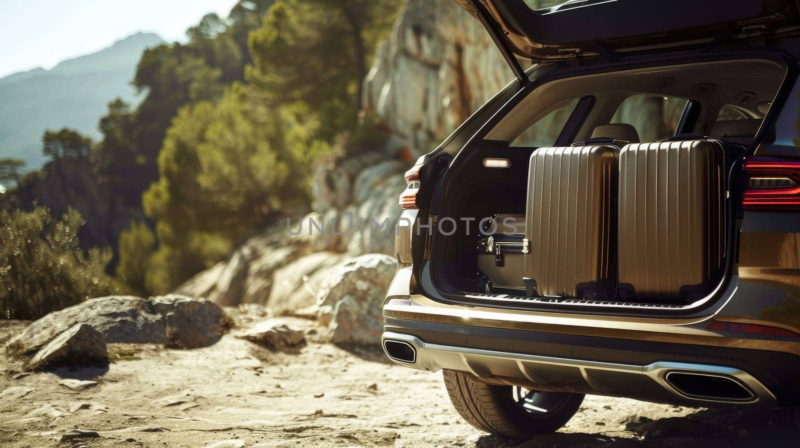 Family road trip, A suv car opens its trunk with luggage, Ready for road trip.