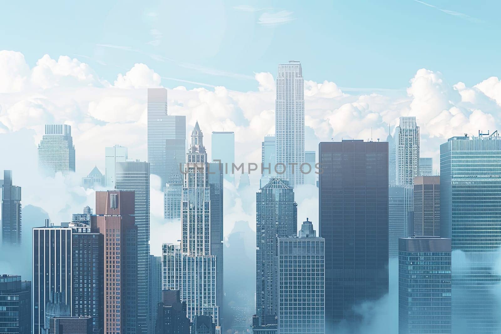 A panoramic view of a bustling city filled with towering skyscrapers, reflecting the urban financial centers dynamic energy. Generative AI by AnatoliiFoto