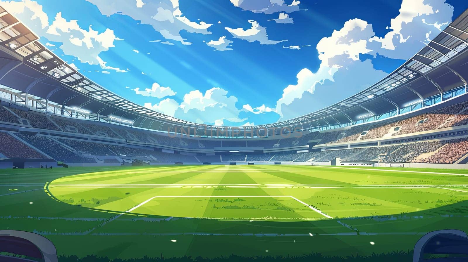 An empty soccer stadium with a vibrant green field, awaiting the arrival of fans and players. Generative AI by AnatoliiFoto