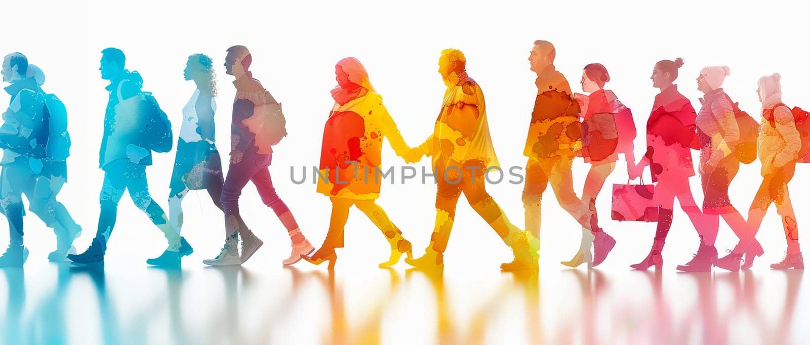 A group of people walking down a street with a rainbow background by AI generated image by wichayada