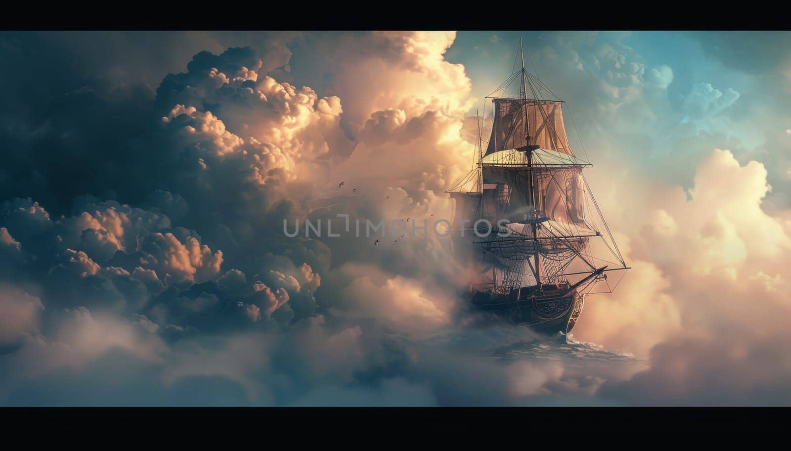 A large ship sails through a stormy sky by AI generated image.