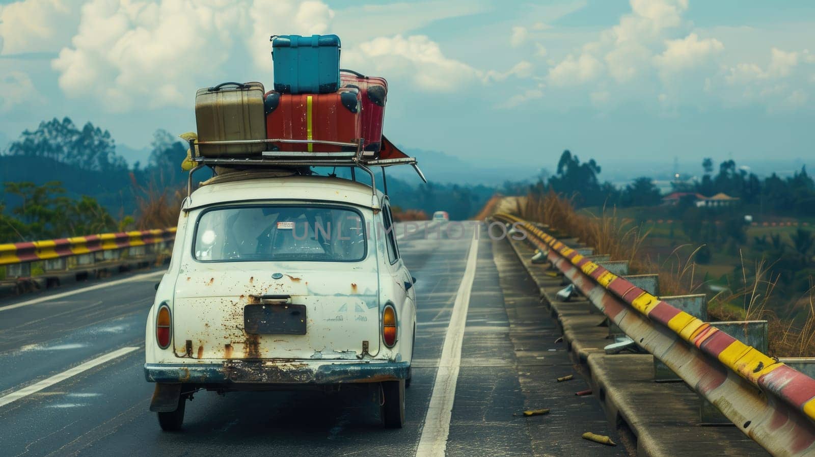 A car with luggage strapped on top with rural road landscape by nijieimu