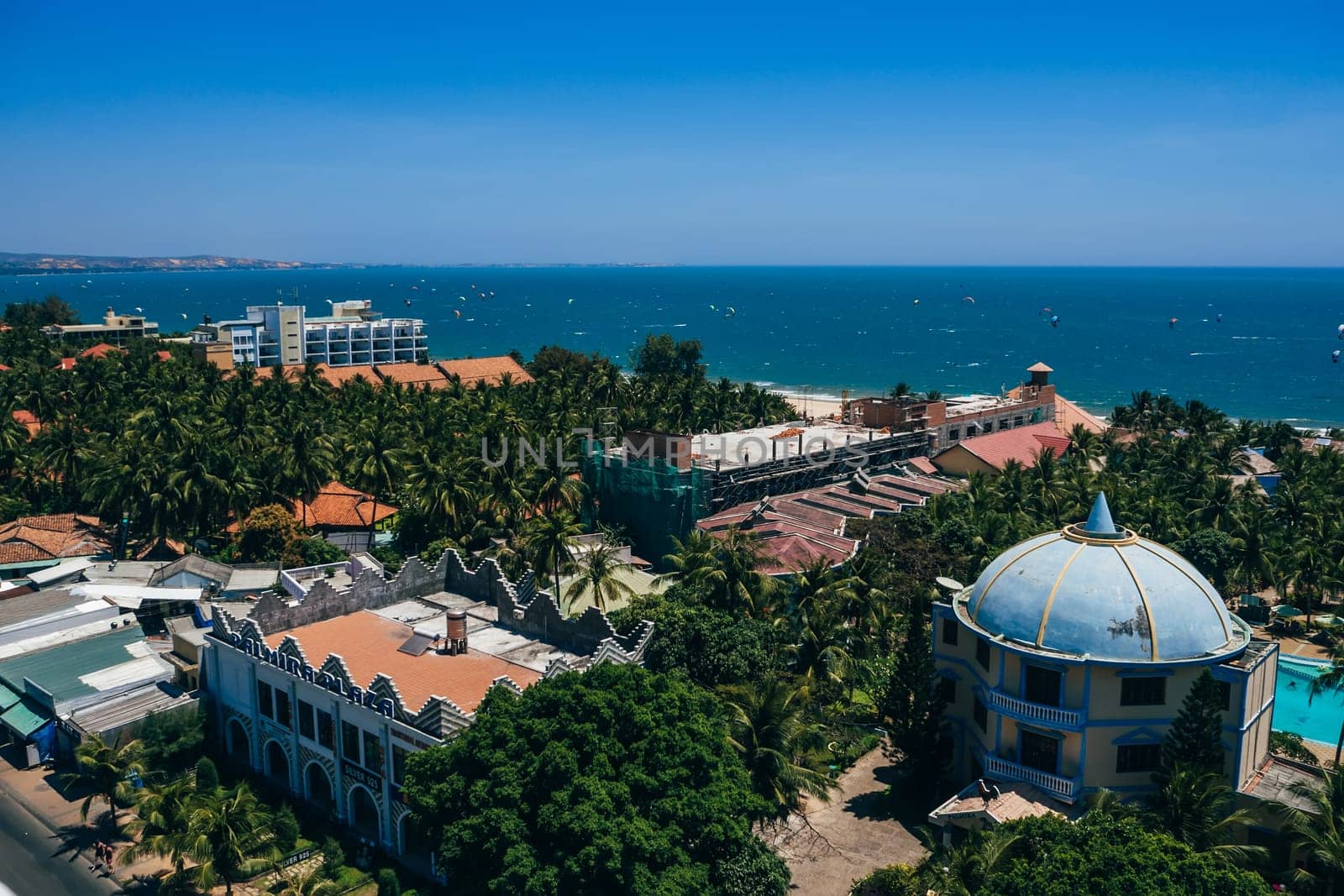 MUI NE, VIETNAM - CIRCA MARCH 2017: View of the resort area in Mui Ne in Vietnam from the top of the roof of the hotel