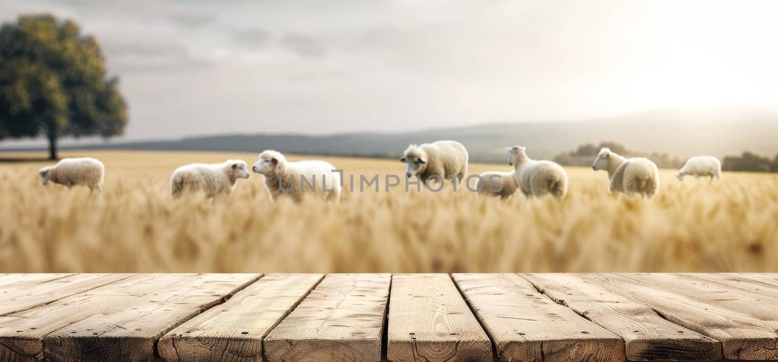 A group of sheep are grazing in a field by AI generated image.